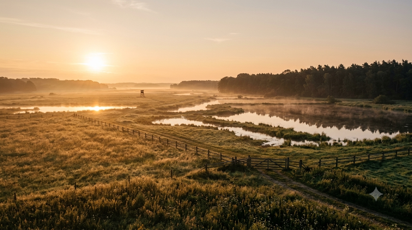 Weite Elbtalaue mit Hochsitz bei Sonnenuntergang
