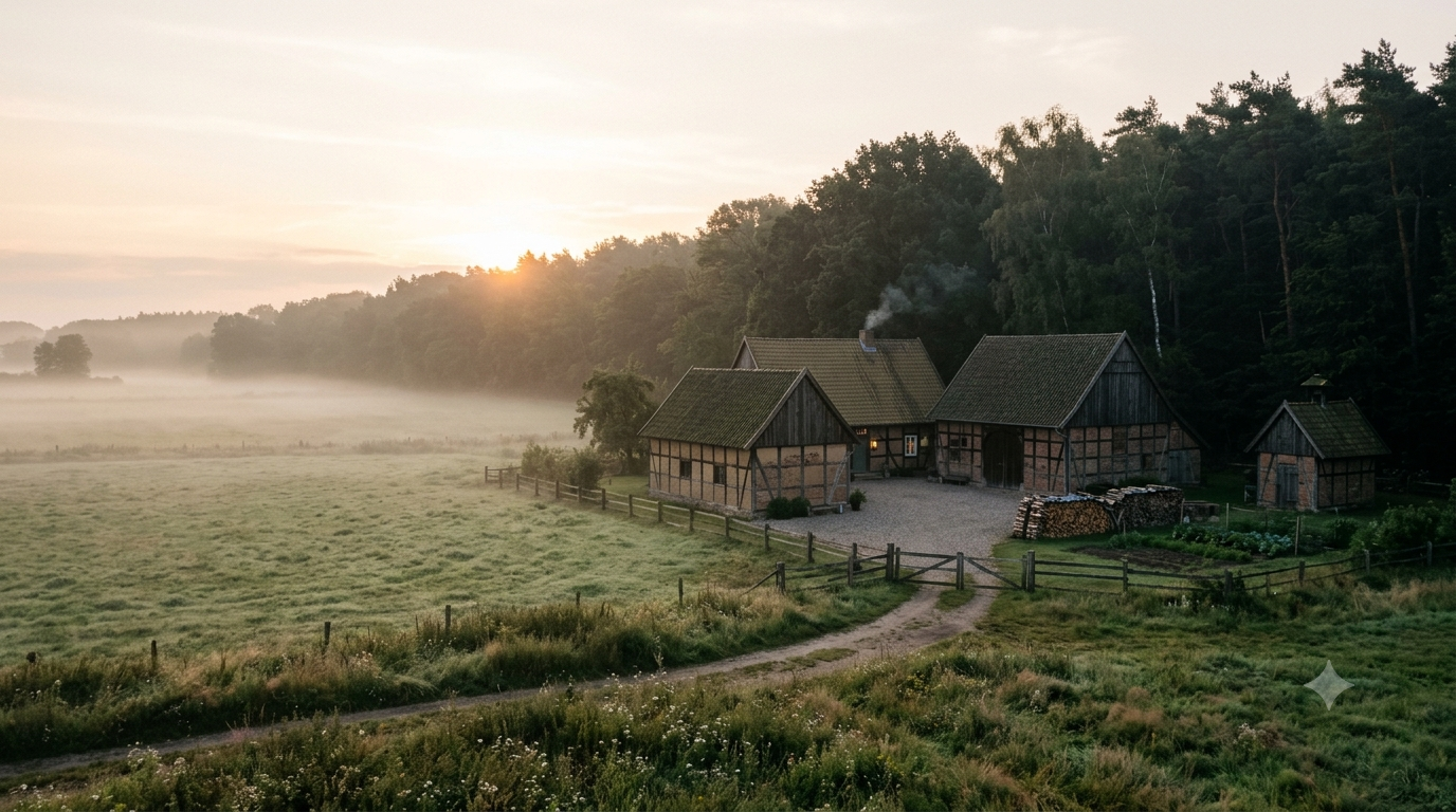 Jägerlehrhof in der Elbtalaue im Morgennebel